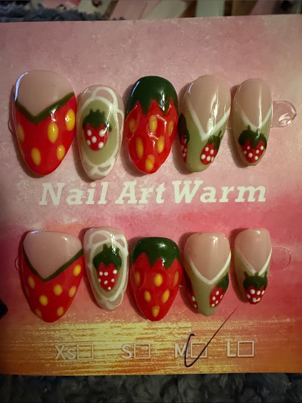 Strawberry handmade acrylic Press-Ons in Red, Green & Pink -